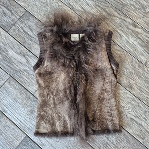 KENJI Real Rabbit Fur Trim Knit Vest Brown Boho Y2K M
